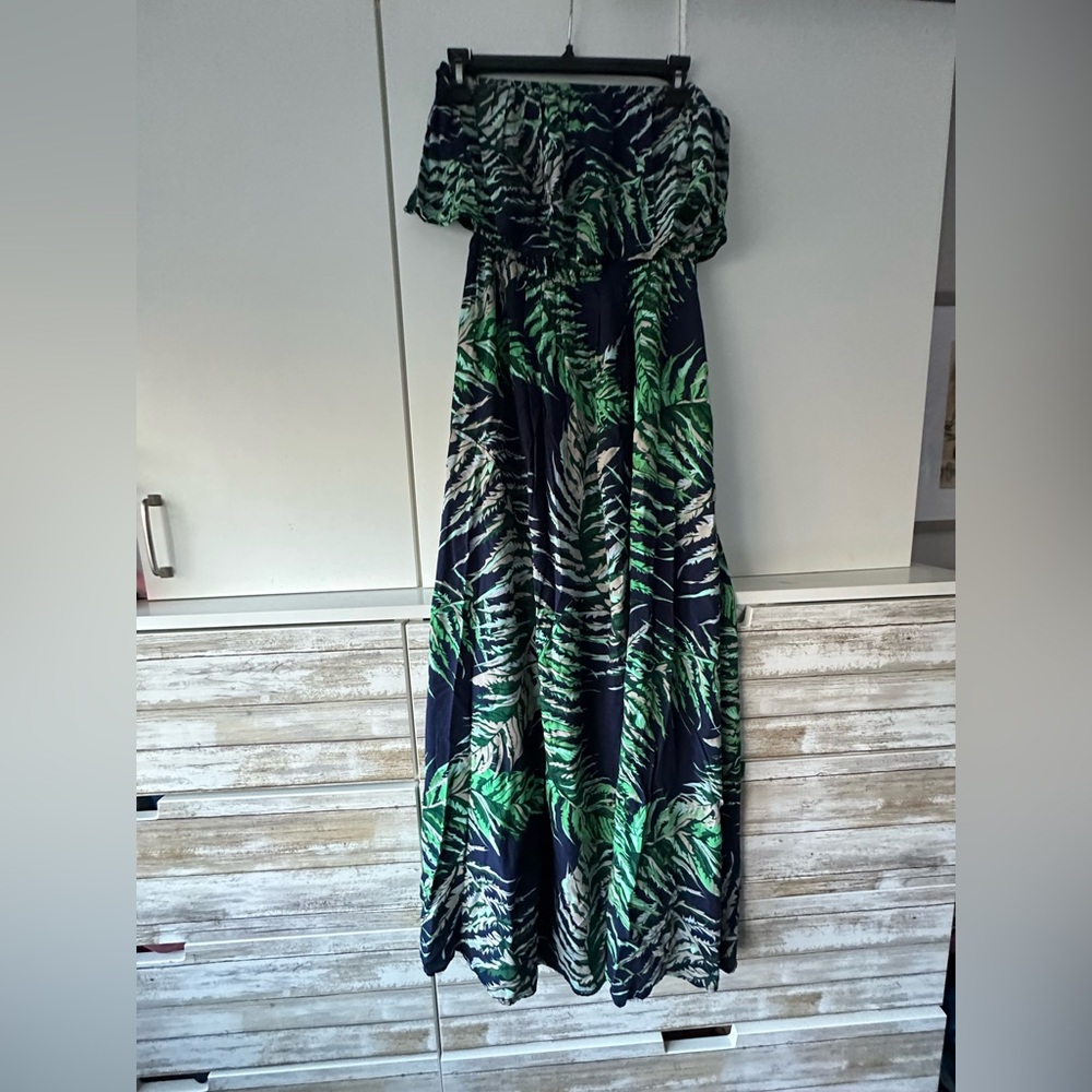 🌿 Yidarton Off Shoulder Tropical Leaf Maxi Dress Green Navy Size L Boho